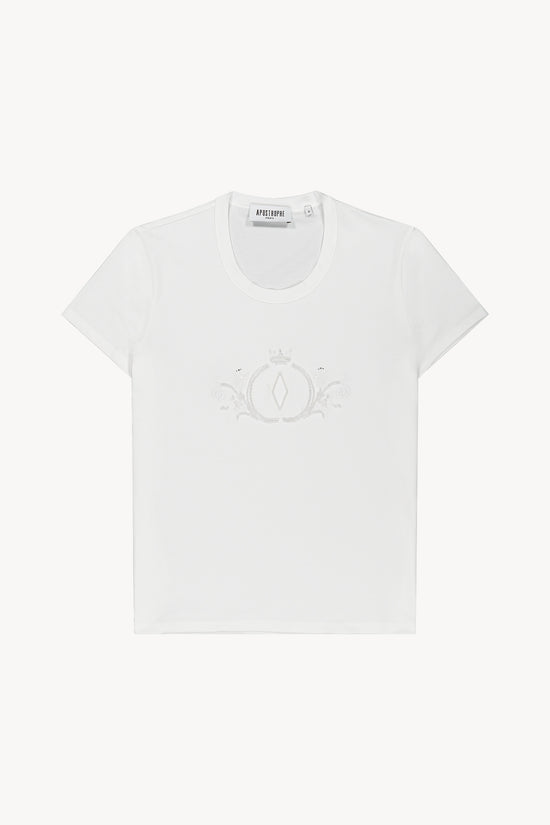 T-shirt blanc optique en jersey de coton, col rond, manches courtes, broderie délicate de perles sur le devant.