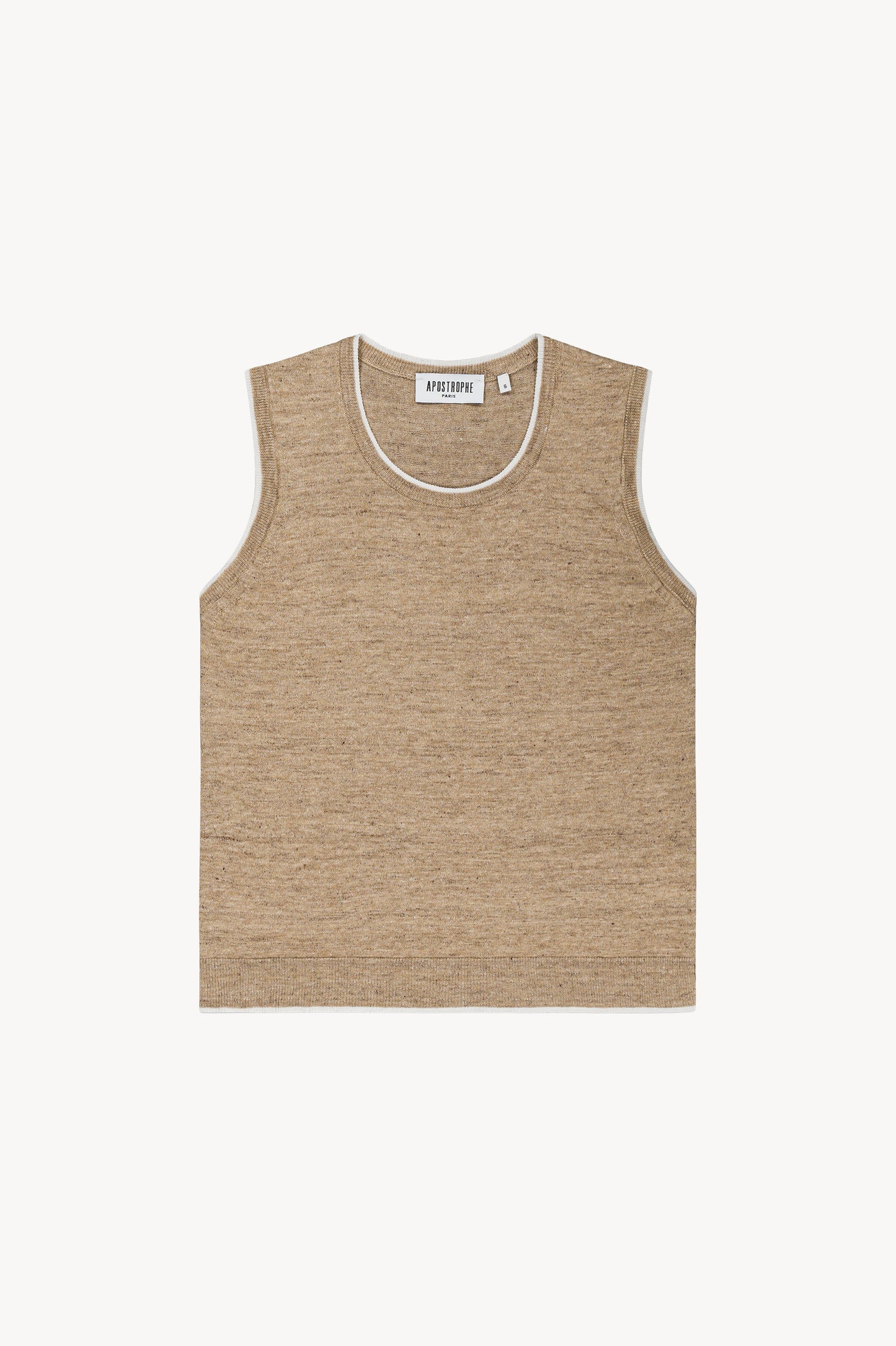Ce débardeur en maille de lin beige clair séduit par sa coupe épurée, son col rond et ses finitions côtelées.