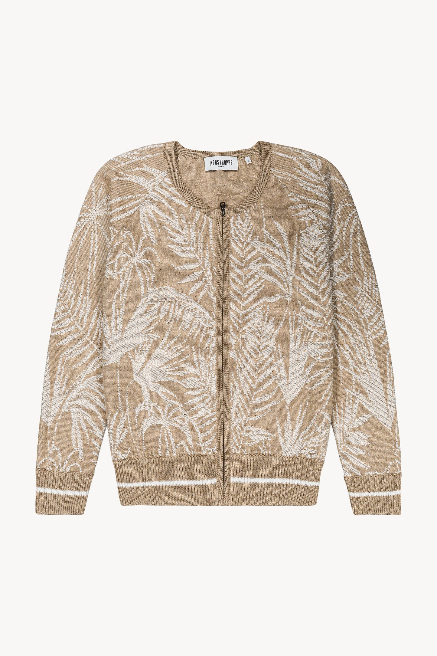 Gilet en maille style bombers, avec motif palmiers en relief, col rond et fermeture zippée.