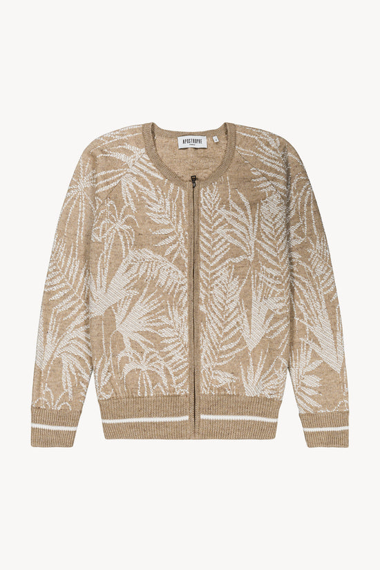 Gilet en maille style bombers, avec motif palmiers en relief, col rond et fermeture zippée.