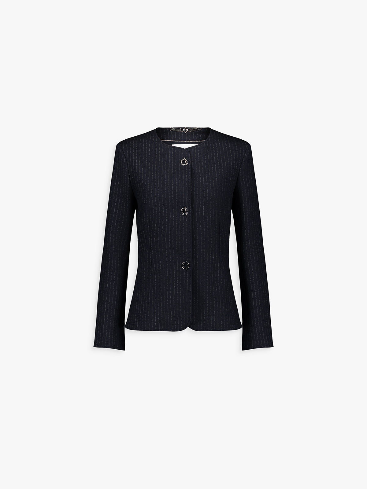 Veste cintrée marine à fines rayures, manches 3/4 et boutons métallisés œillet.