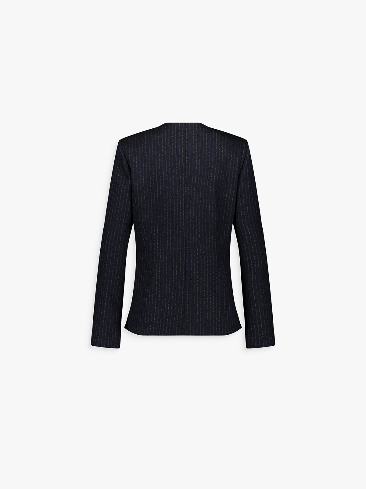 Dos de la veste cintrée marine à fines rayures, coupe ajustée et ligne épurée.