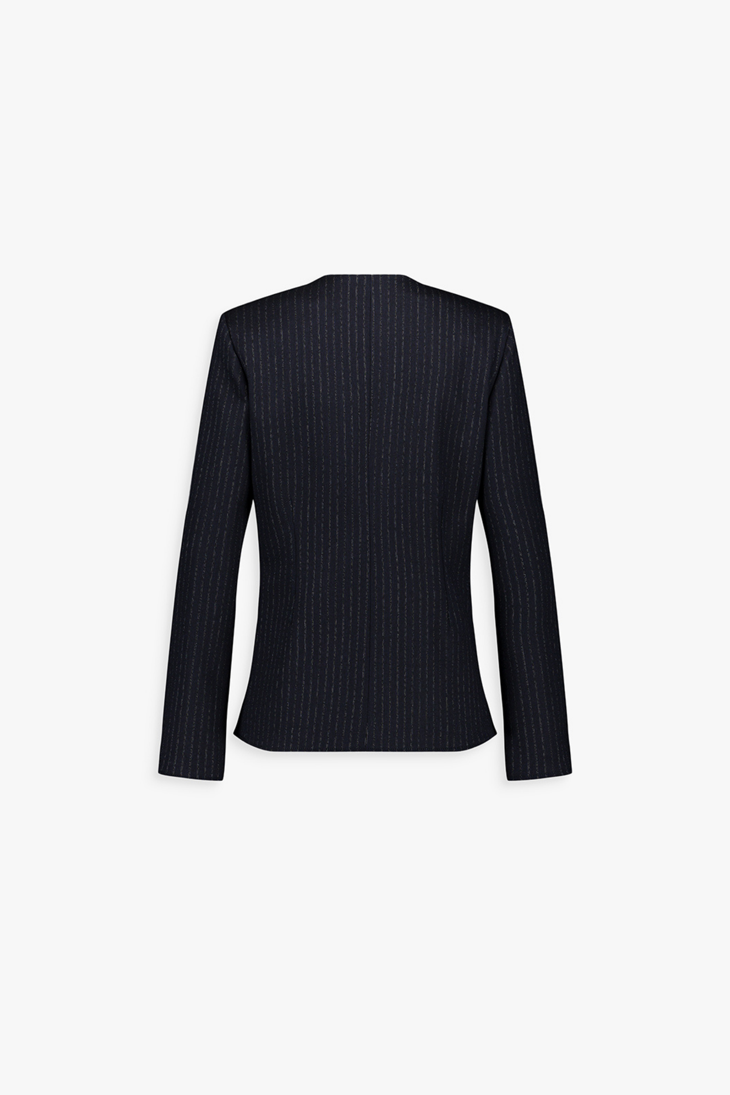 Dos de la veste cintrée marine à fines rayures, coupe ajustée et ligne épurée.