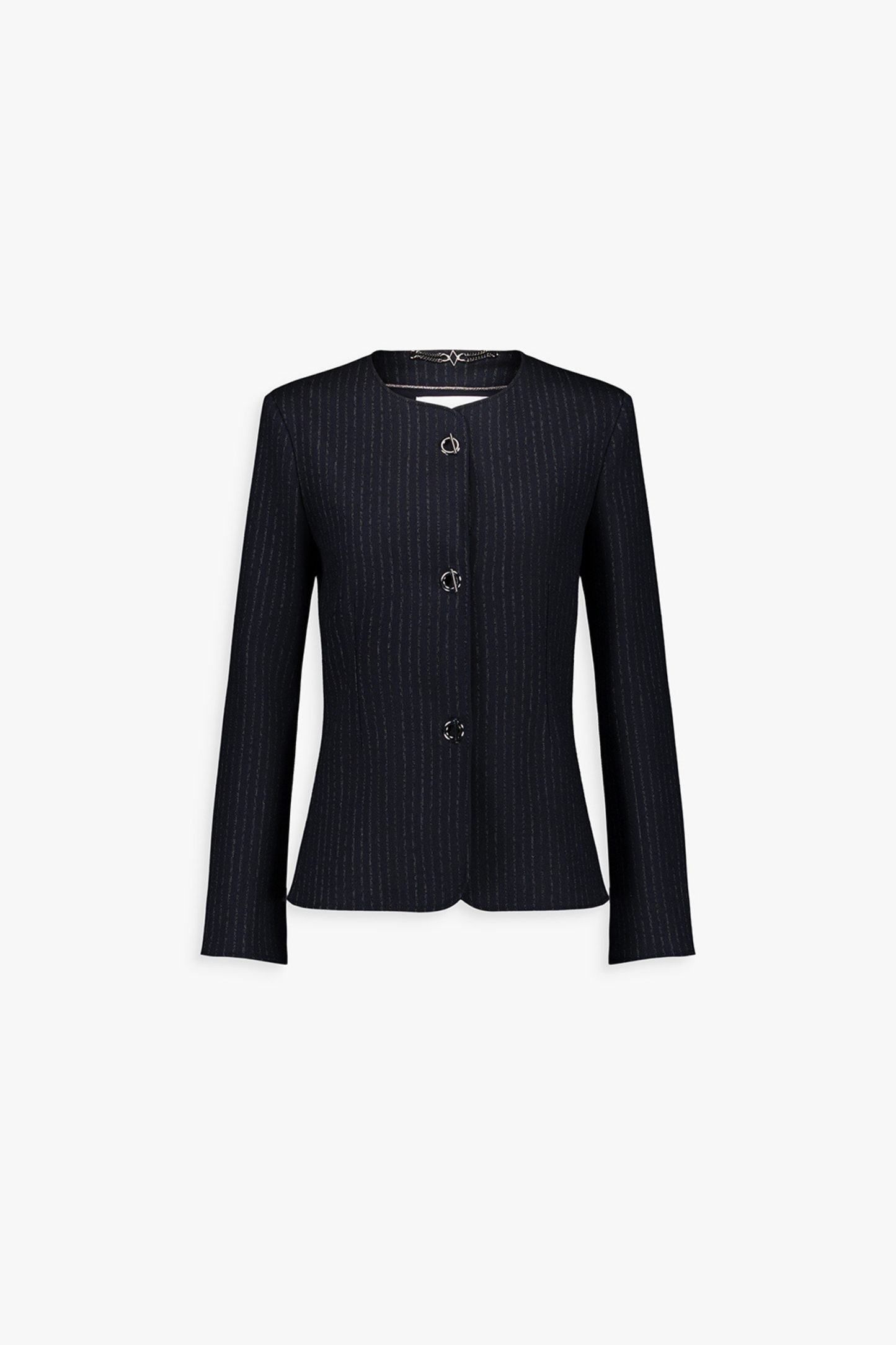 Veste cintrée marine à fines rayures, manches 3/4 et boutons métallisés œillet.