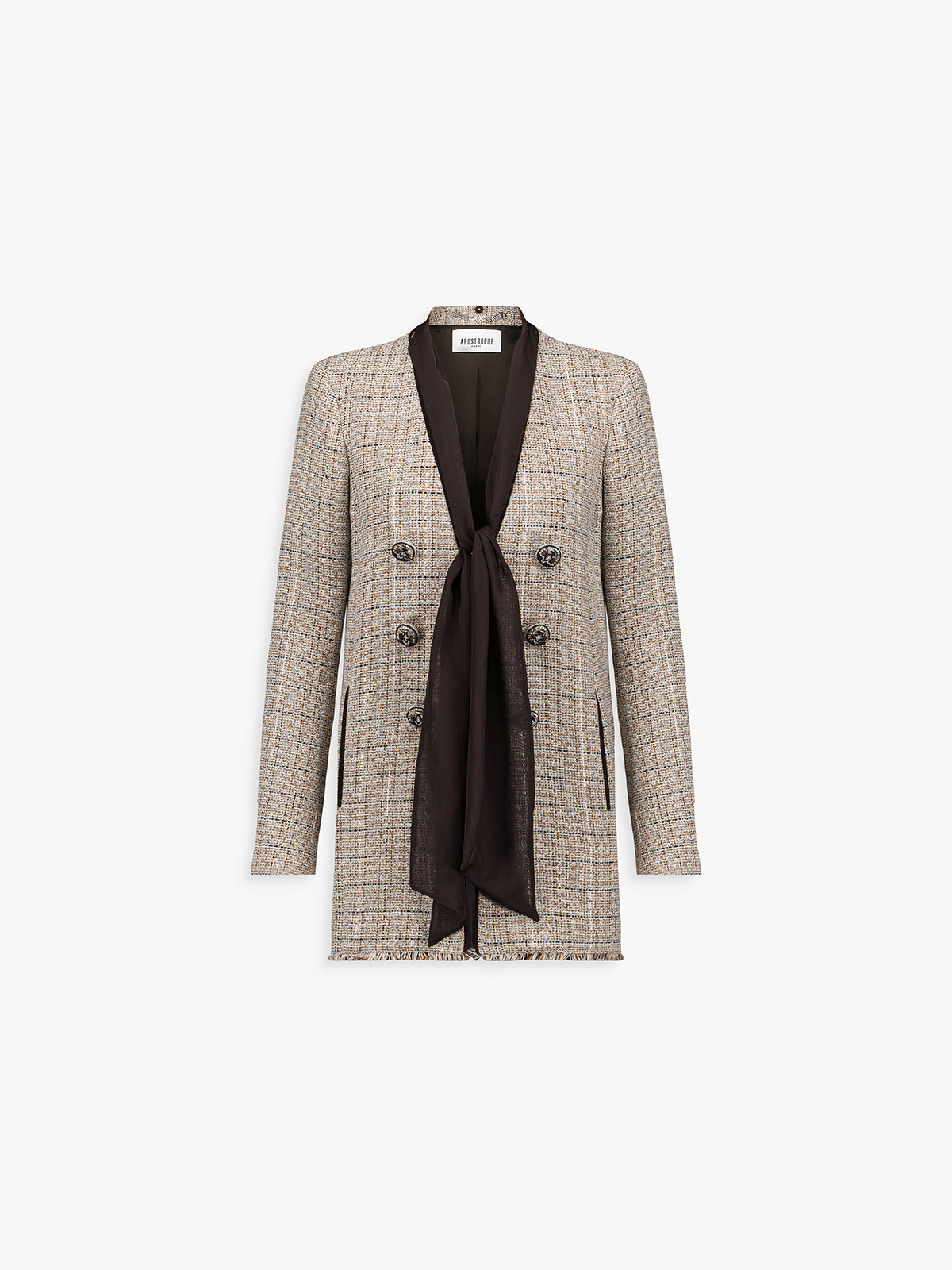 Blazer court en tweed ébène à col lavallière et boutons décorés.