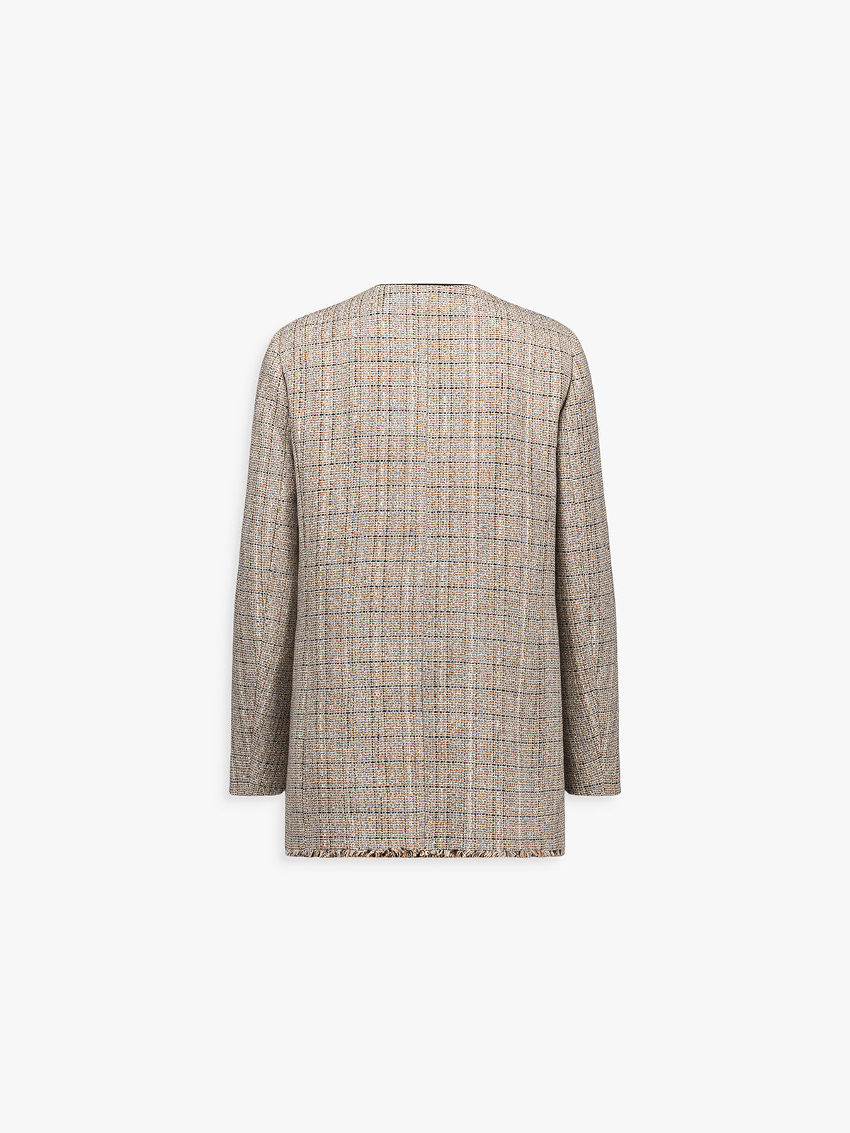 Dos du blazer court en tweed ébène, coupe droite et finitions soignées.