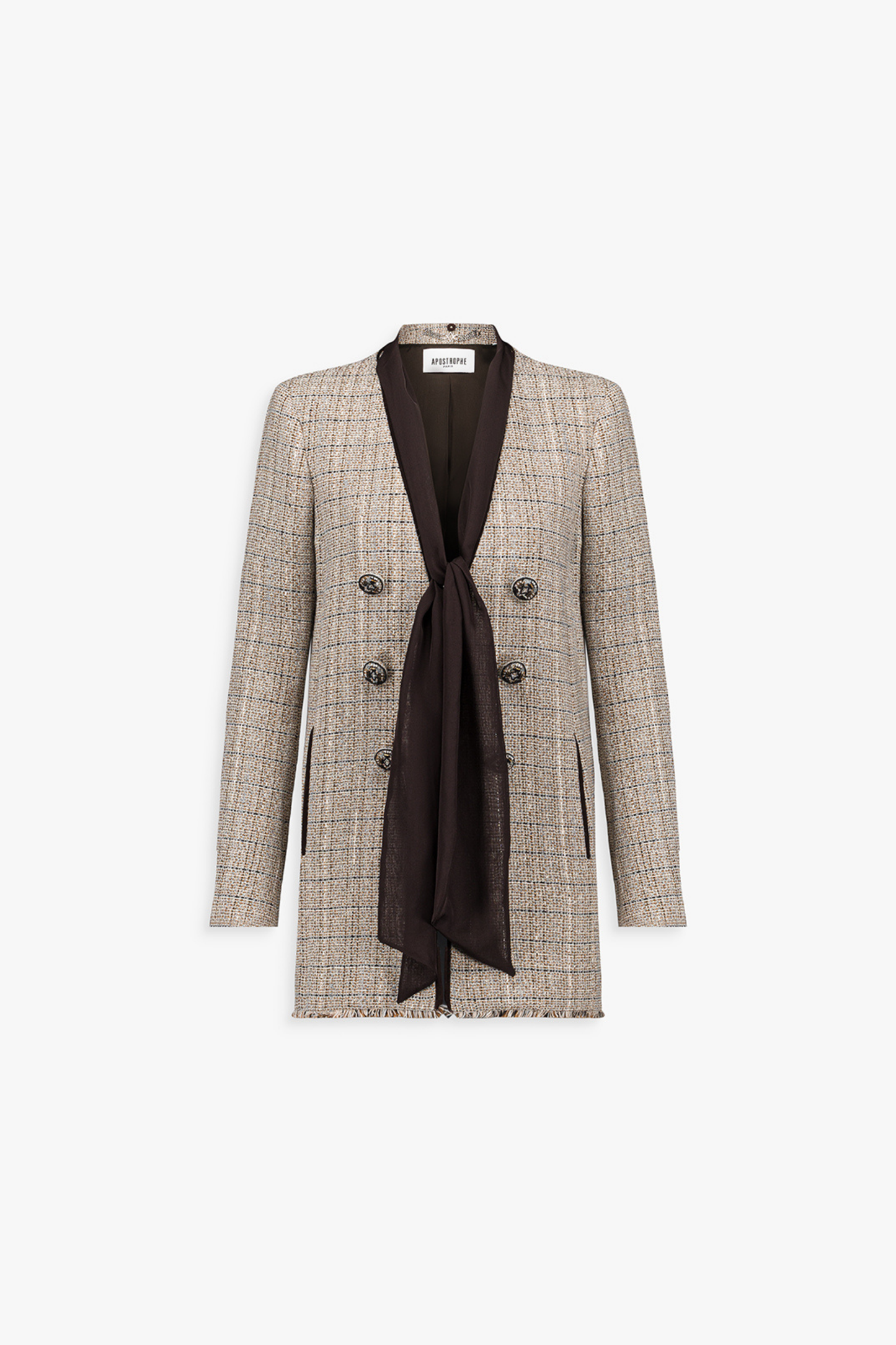 Blazer court en tweed ébène à col lavallière et boutons décorés.