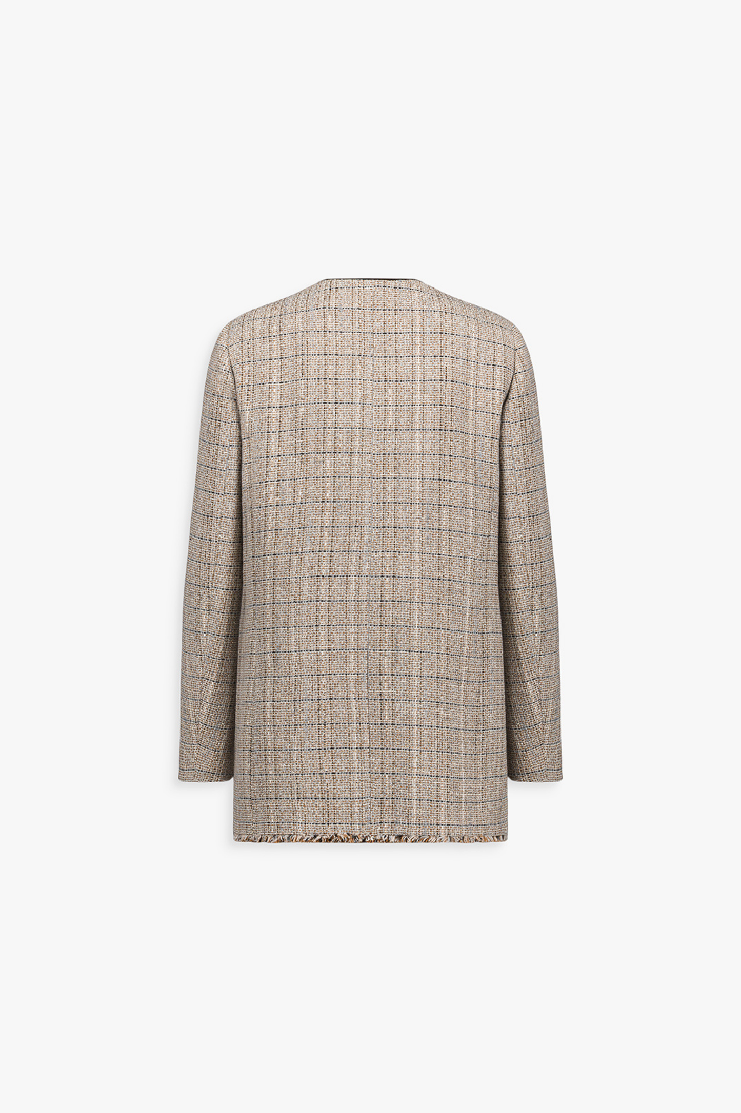 Dos du blazer court en tweed ébène, coupe droite et finitions soignées.