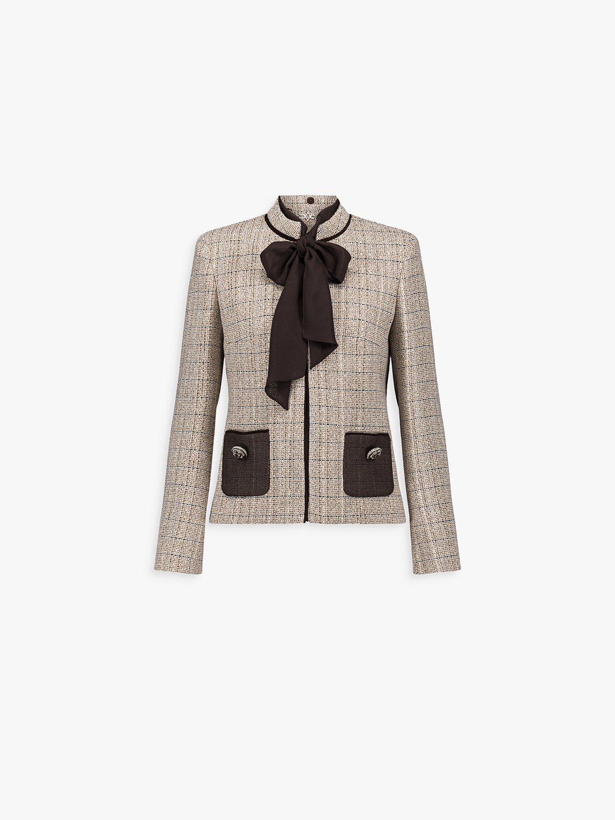 Veste courte à écharpe intégrée, coupe droite et boutons ébène.