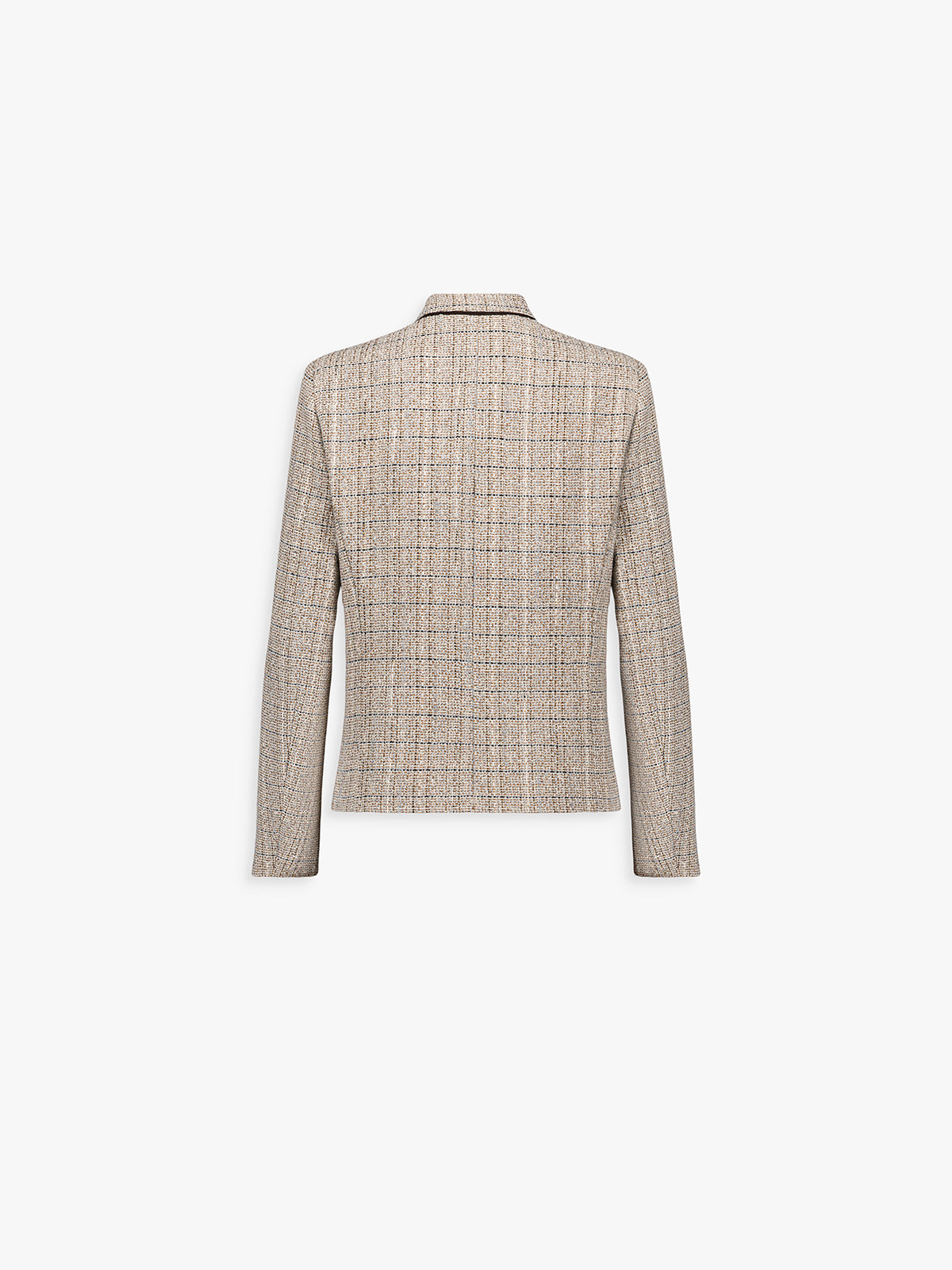 Dos de la veste cintrée marine à fines rayures, coupe ajustée et ligne épurée.