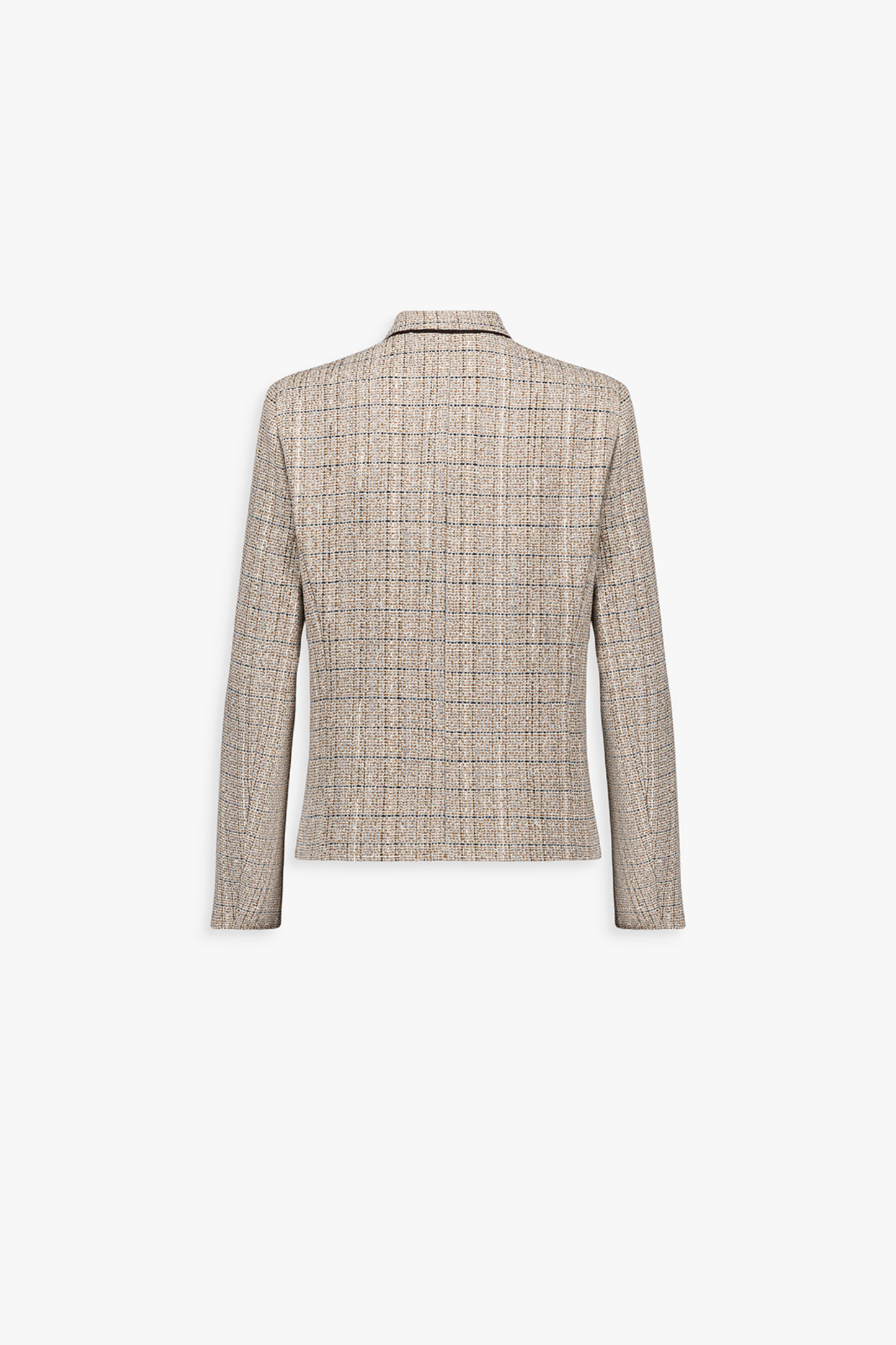 Dos de la veste cintrée marine à fines rayures, coupe ajustée et ligne épurée.