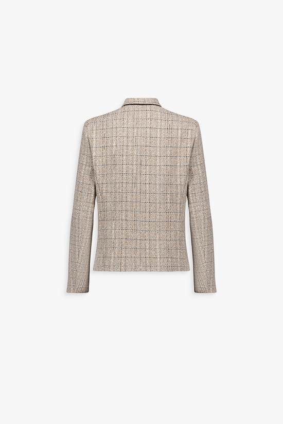 Dos de la veste cintrée marine à fines rayures, coupe ajustée et ligne épurée.