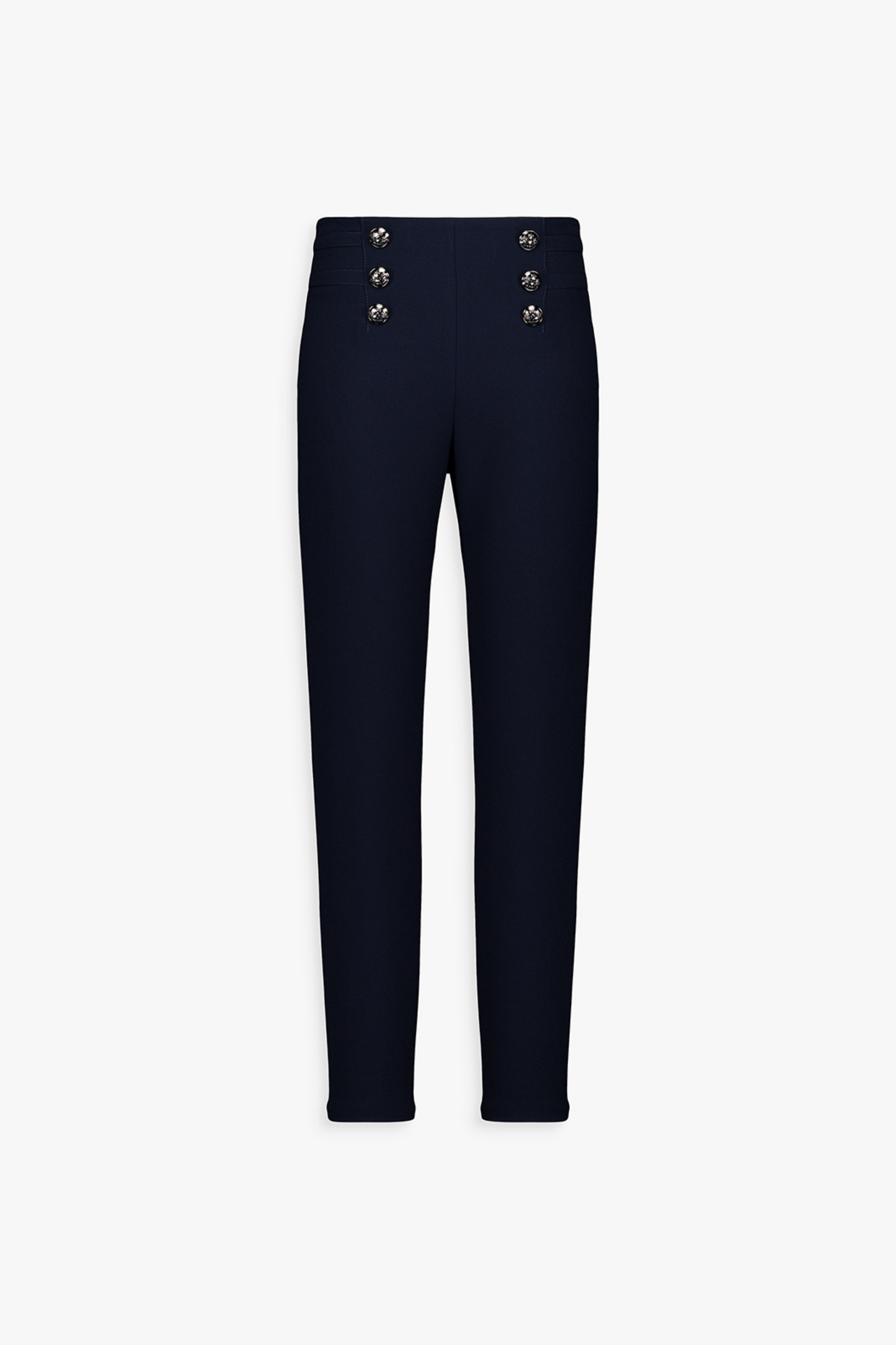 Pantalon droit marine, boutons argentés floraux et ceinture élastique subtile.