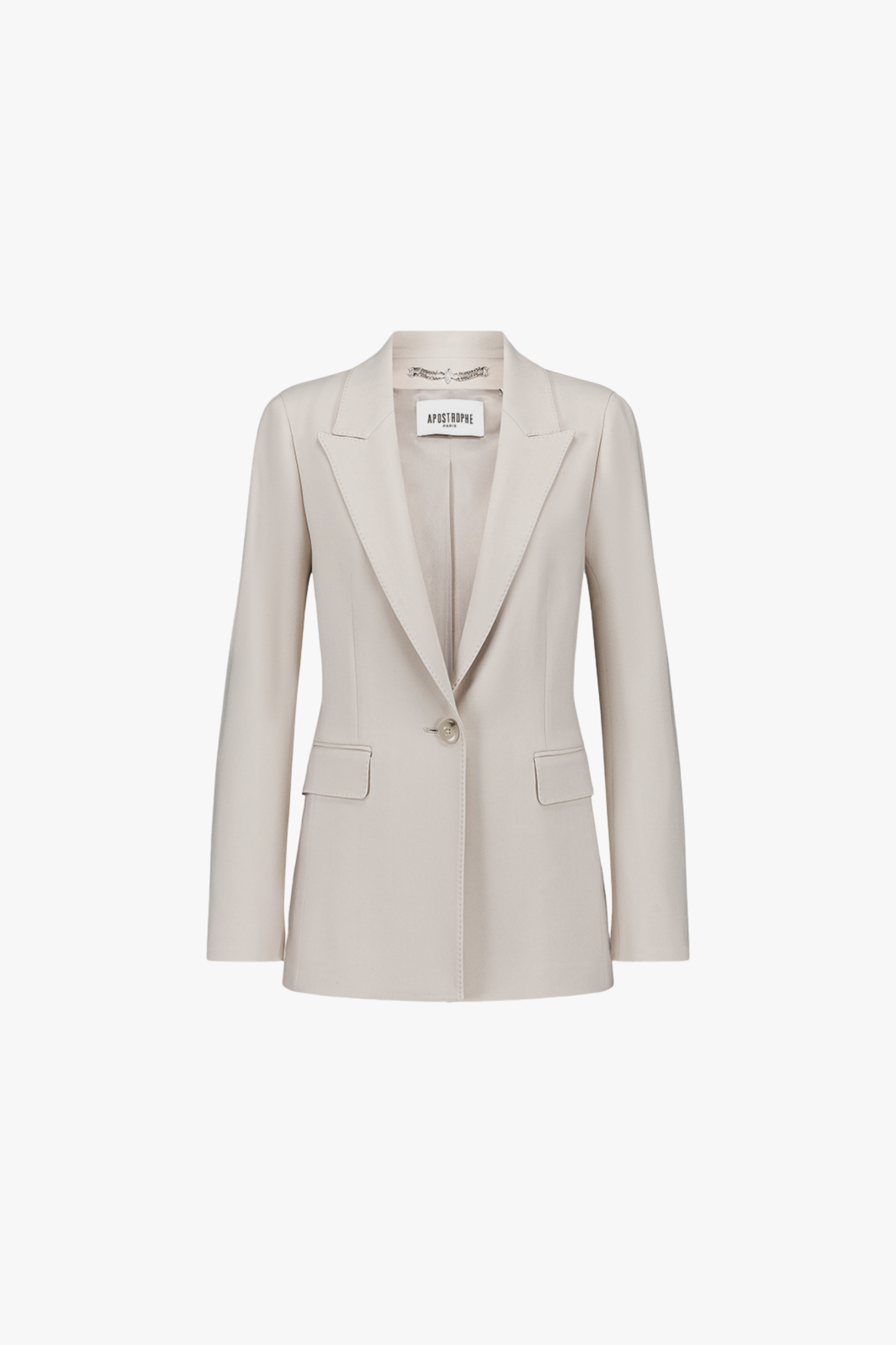 Veste ajustée ton béton à col tailleur, double boutonnière et poches plaquées.