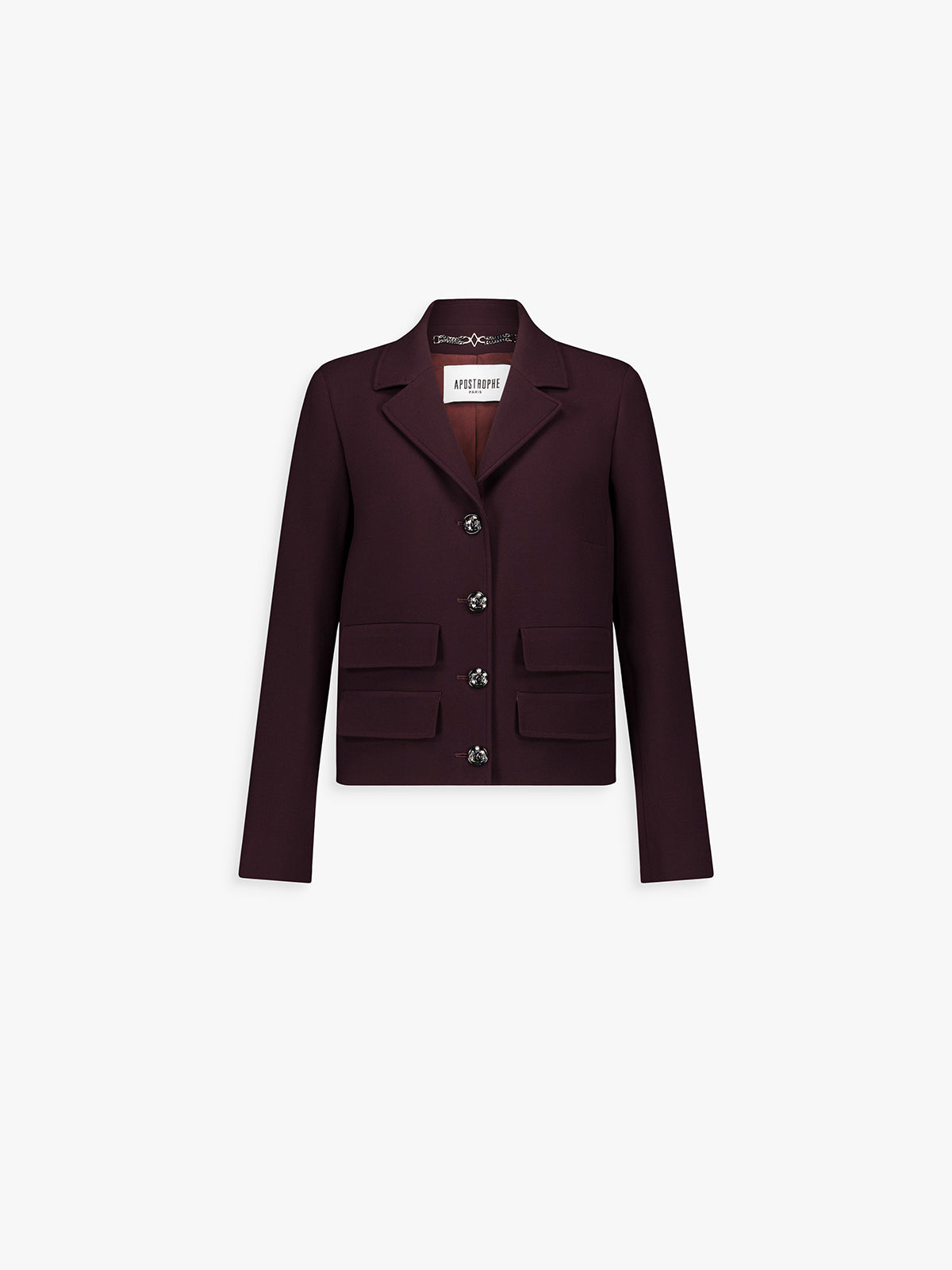 Veste droite grenat à col tailleur et quatre poches plaquées surpiquées.