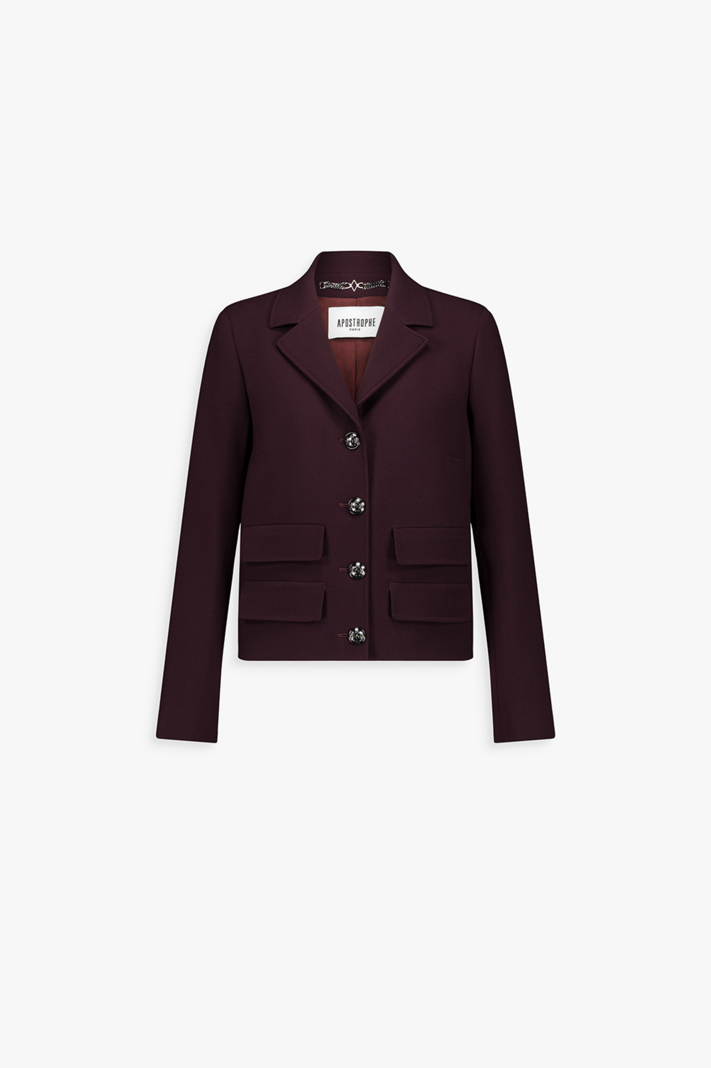 Veste droite grenat à col tailleur et quatre poches plaquées surpiquées.