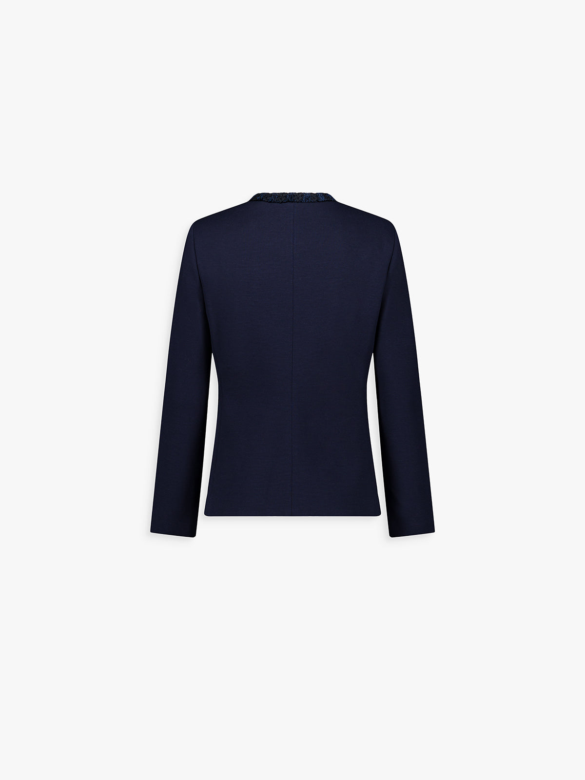Dos de la veste marine, coupe droite et ligne structurée.