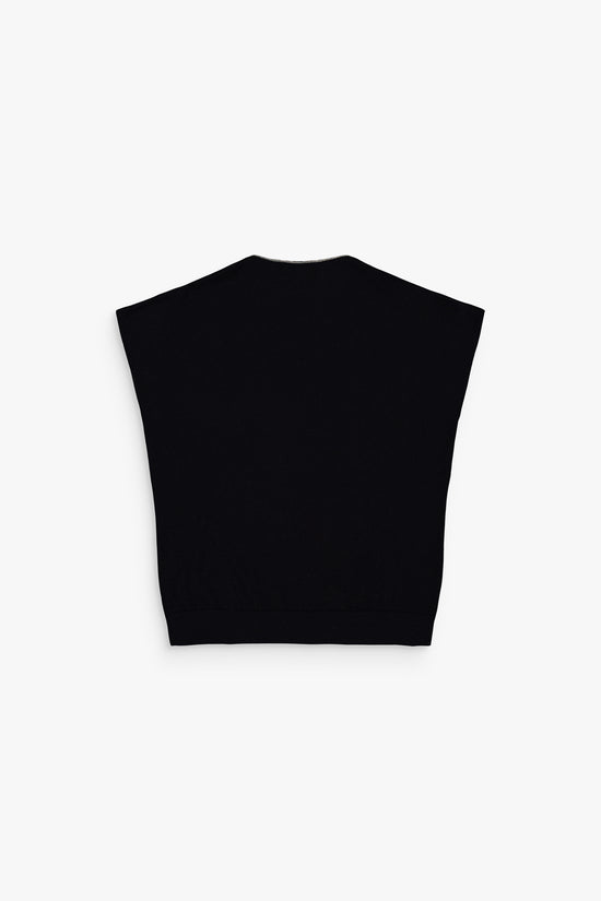 Haut sans manches marine en laine mérinos orné de sequins subtils pour un style raffiné