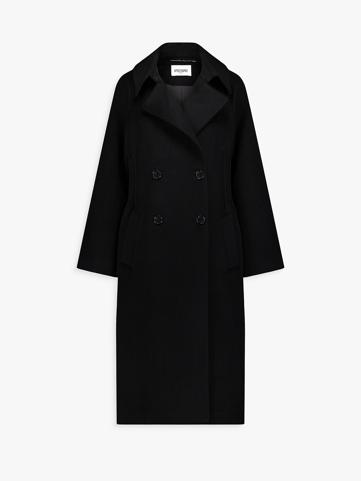 Manteau long noir en laine avec ceinture ton sur ton et poches passepoilées.