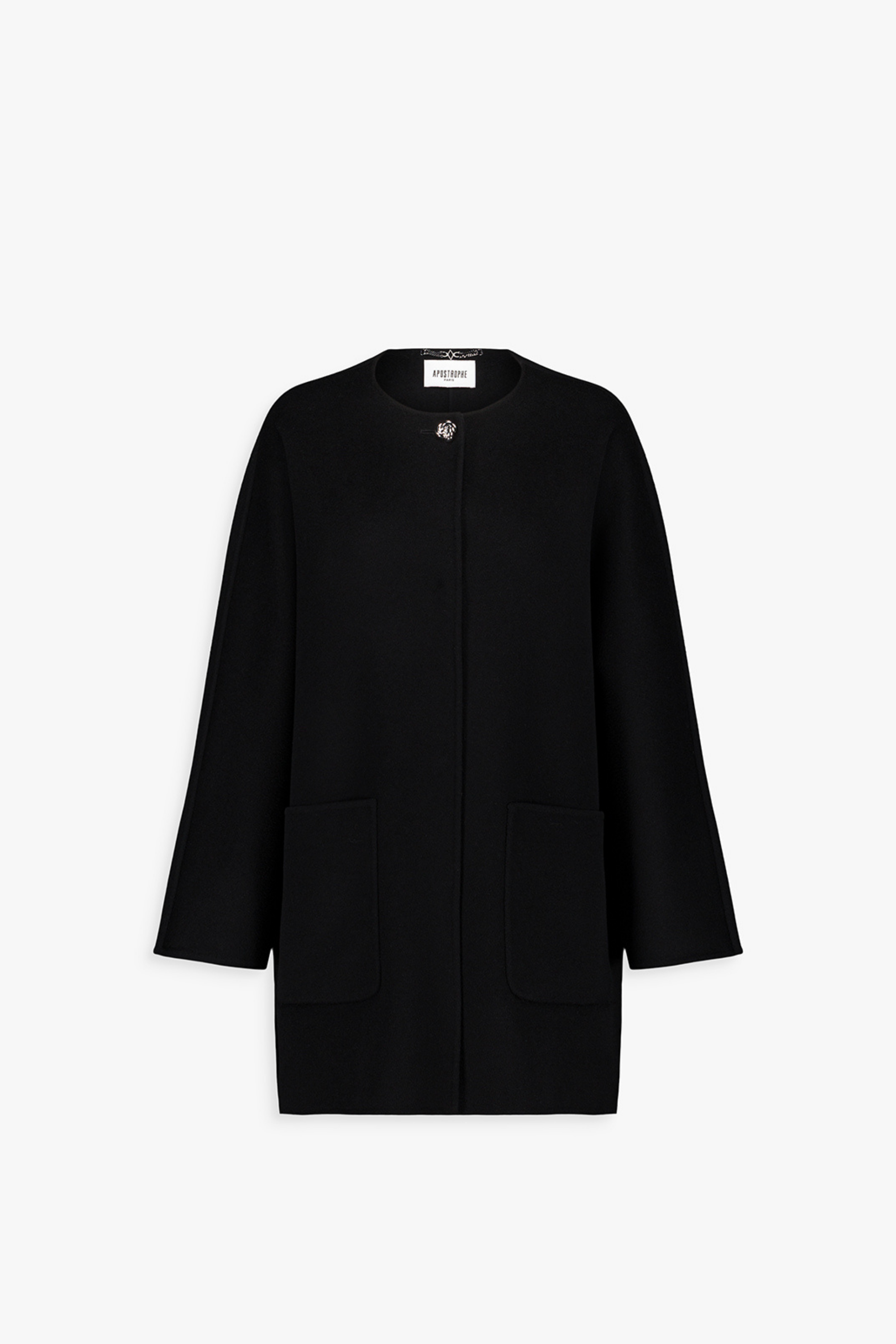 Manteau droit noir en laine et cachemire avec boutons bijoux et poches plaquées.