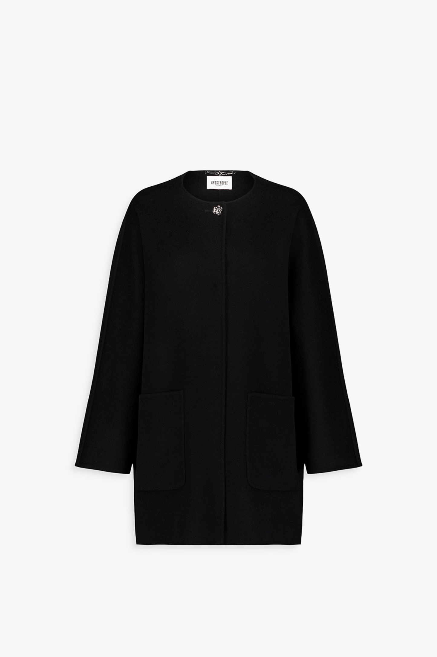Manteau droit noir en laine et cachemire avec boutons bijoux et poches plaquées.