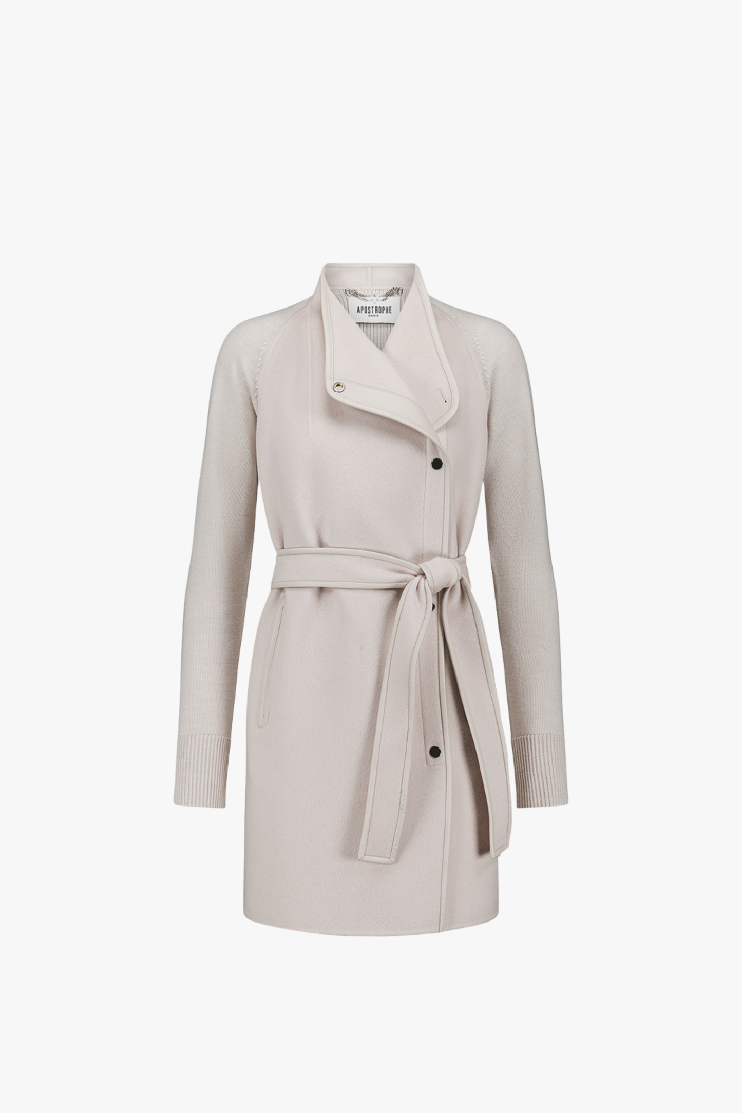 Manteau  beton mi-long porté, mélange de matières entre maille et double face.