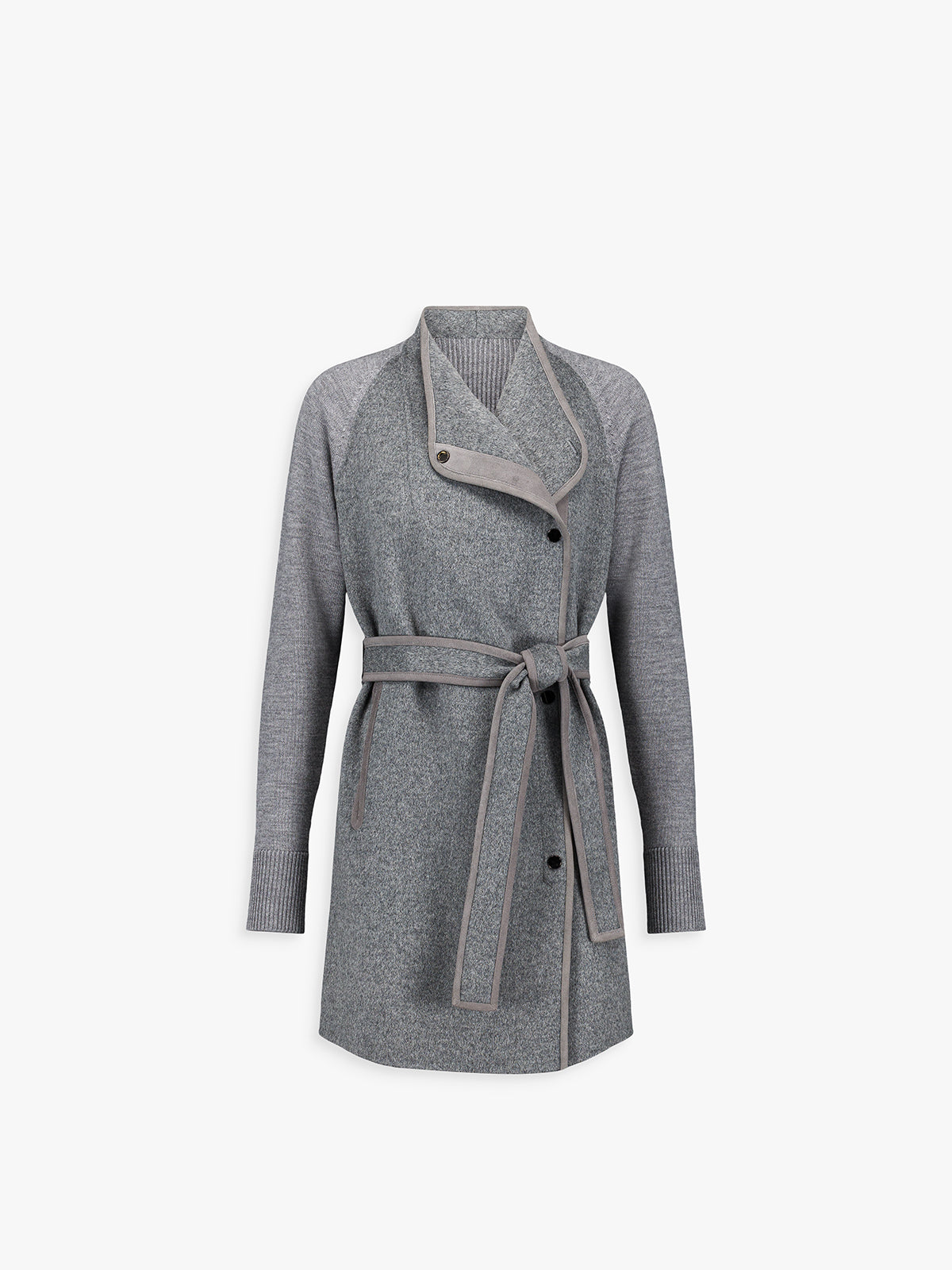 Manteau gris moyen en laine et cachemire, devant en double face et finitions en cuir brodé.