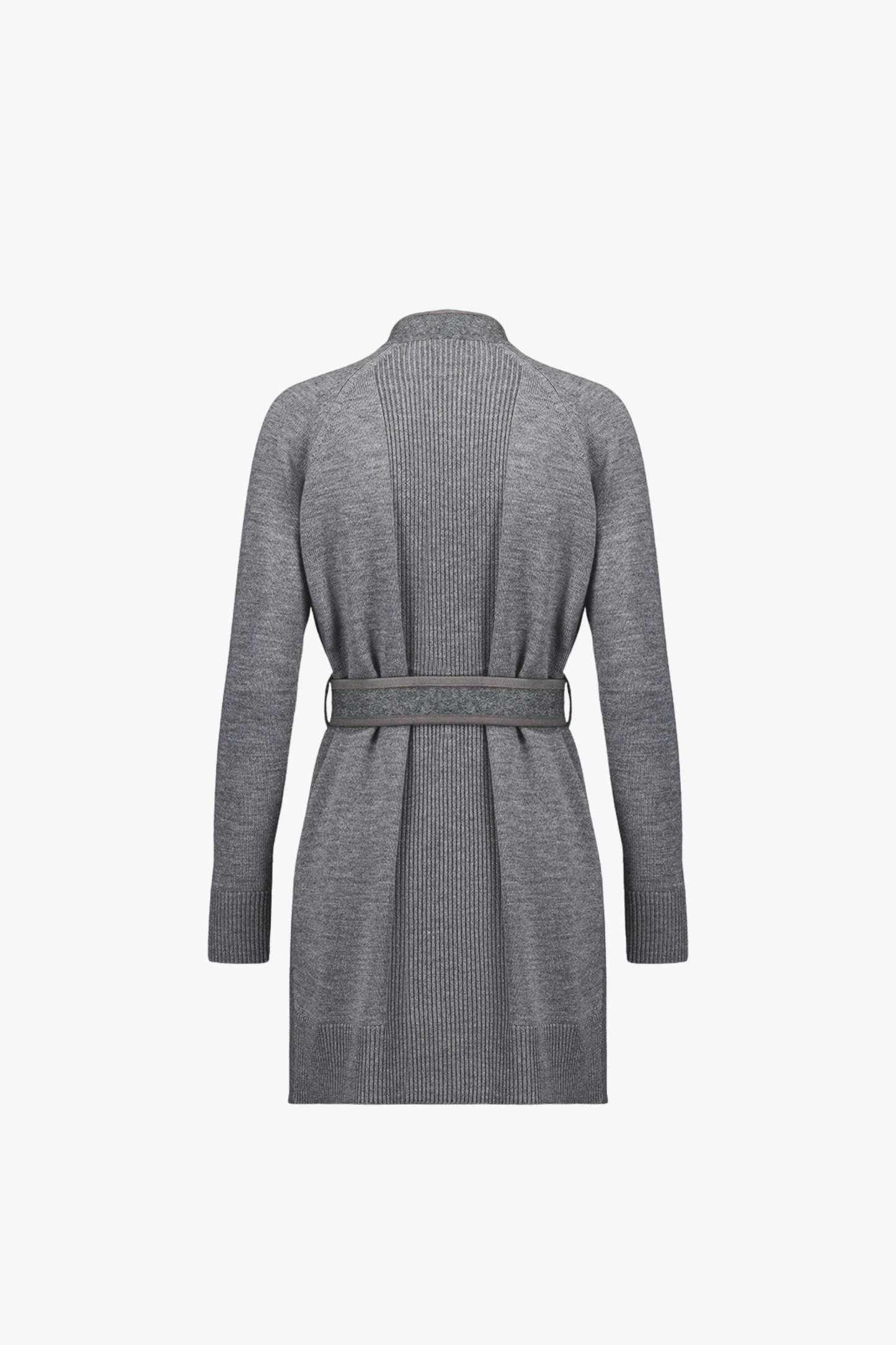 Dos du manteau gris moyen en maille, coupe droite et tombé souple.