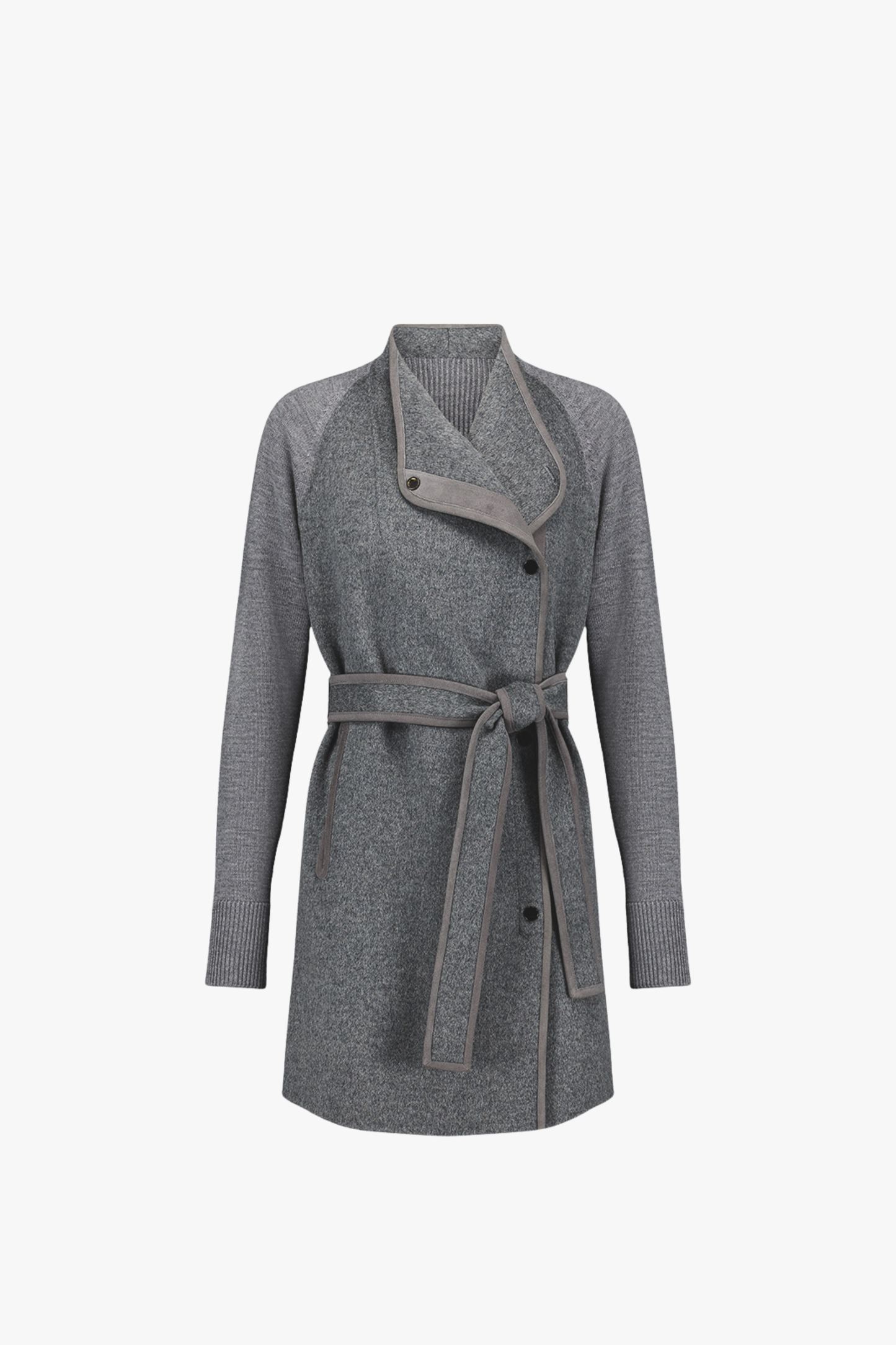 Manteau gris moyen en laine et cachemire, devant en double face et finitions en cuir brodé.