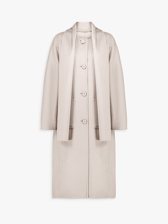 Manteau long réversible en laine et cachemire taupe et béton.