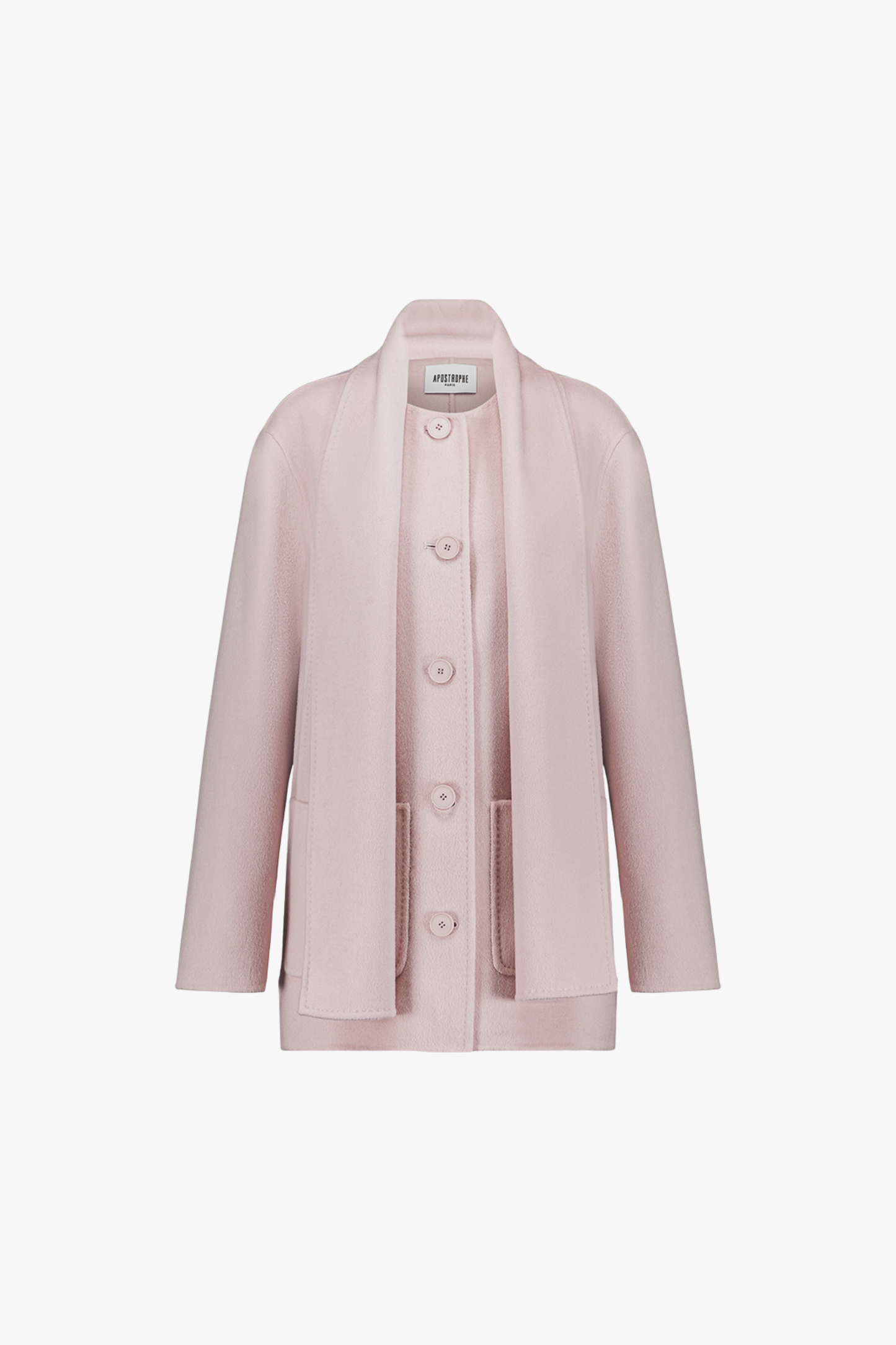 Manteau mi-long en laine et cachemire rose pâle, coupe droite.