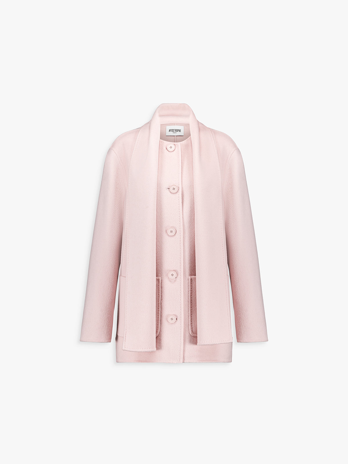 Manteau mi-long en laine et cachemire rose pâle, coupe droite.
