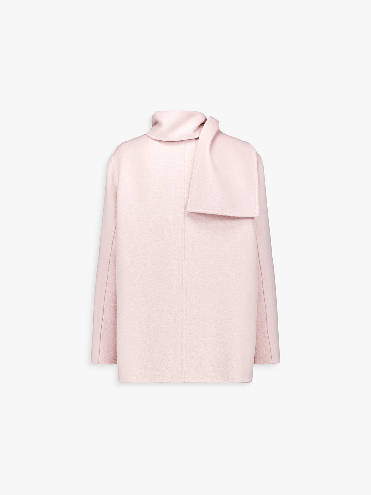 Écharpe intégrée du manteau rose pâle, finition raffinée.