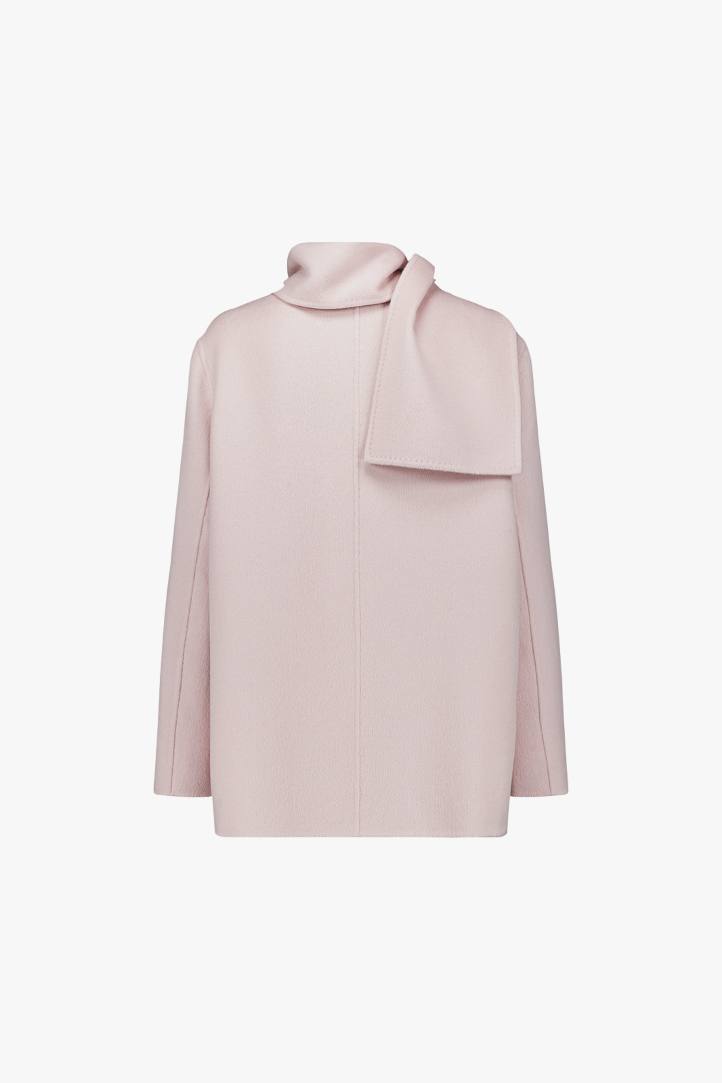 Écharpe intégrée du manteau rose pâle, finition raffinée.