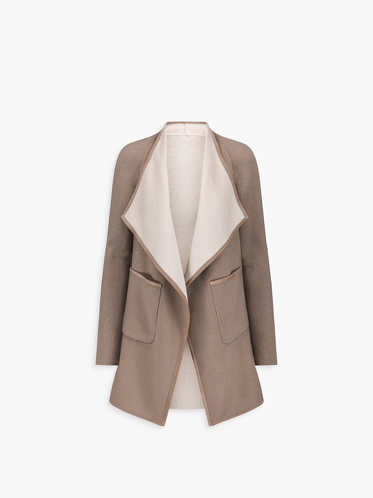 Manteau ample bicolore en laine et cachemire, nuances béton et taupe moyen.