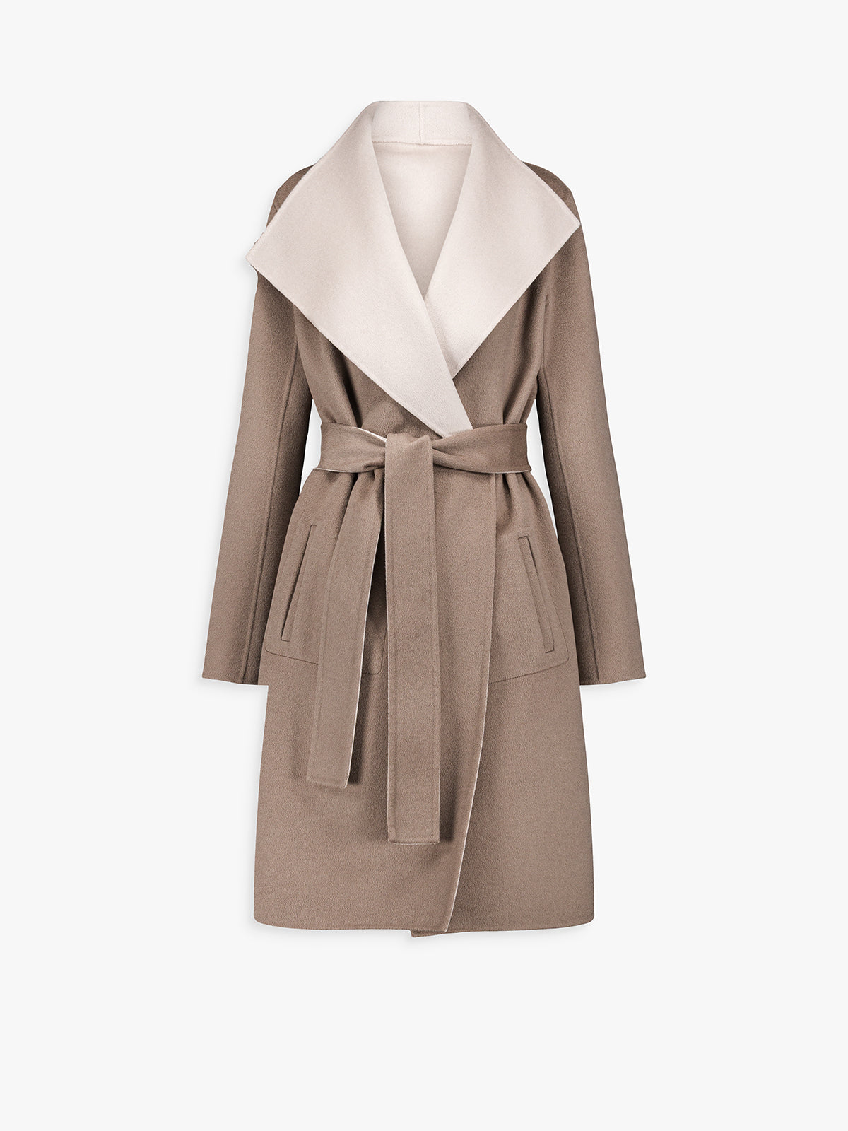Manteau long taupe moyen en laine et cachemire.