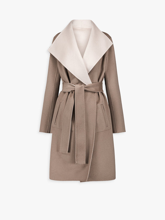 Manteau long taupe moyen en laine et cachemire.