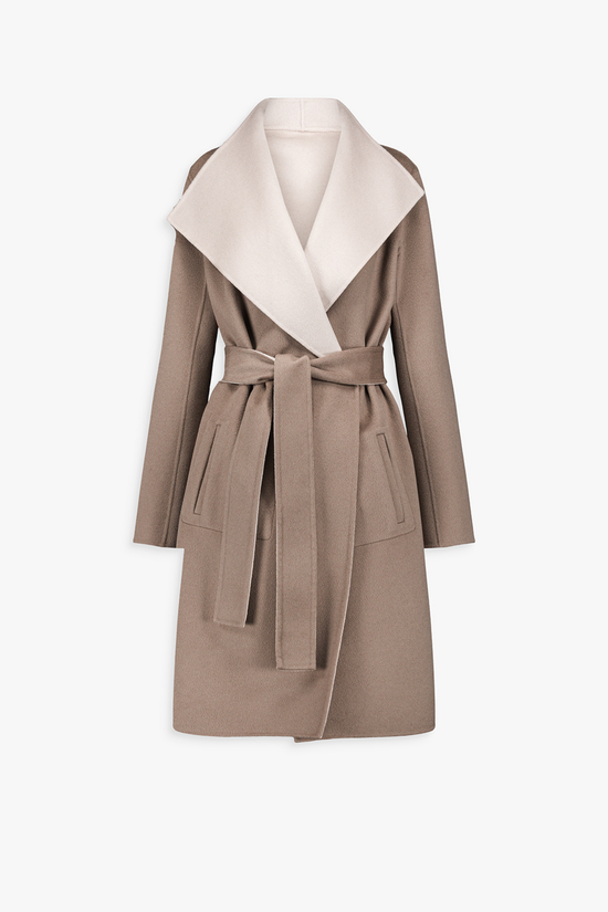 Manteau long taupe moyen en laine et cachemire.