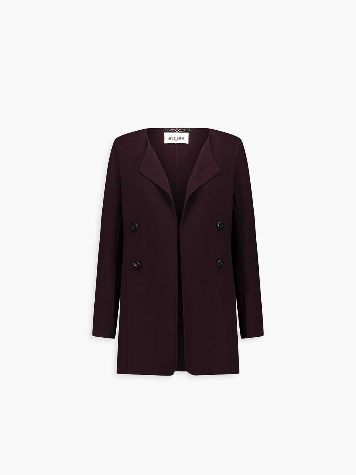 Veste longue grenat en laine, col ample et coupe droite.