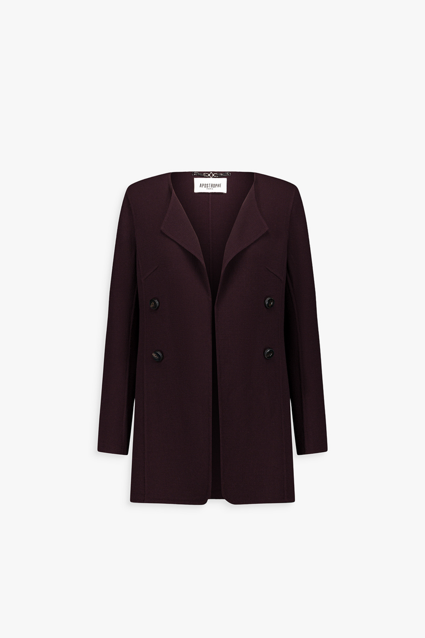 Veste longue grenat en laine, col ample et coupe droite.