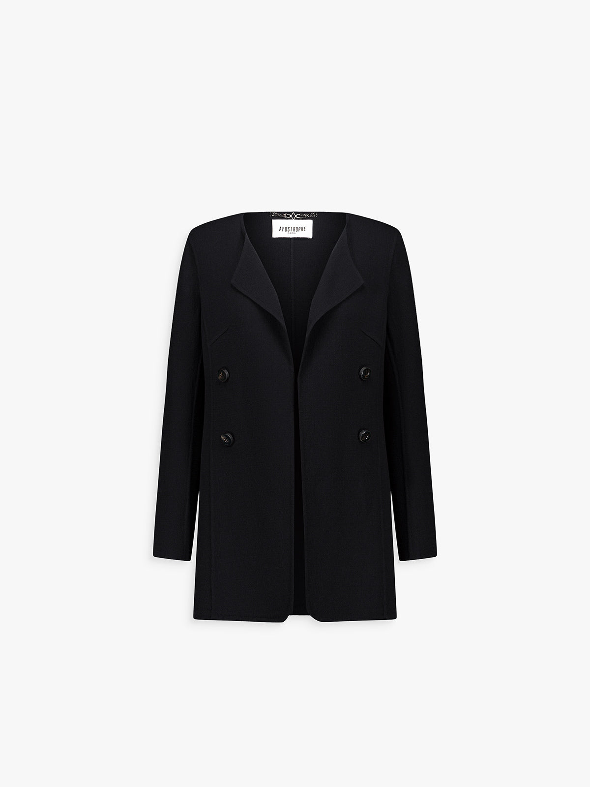 Veste longue noire en laine, col ample et coupe droite.