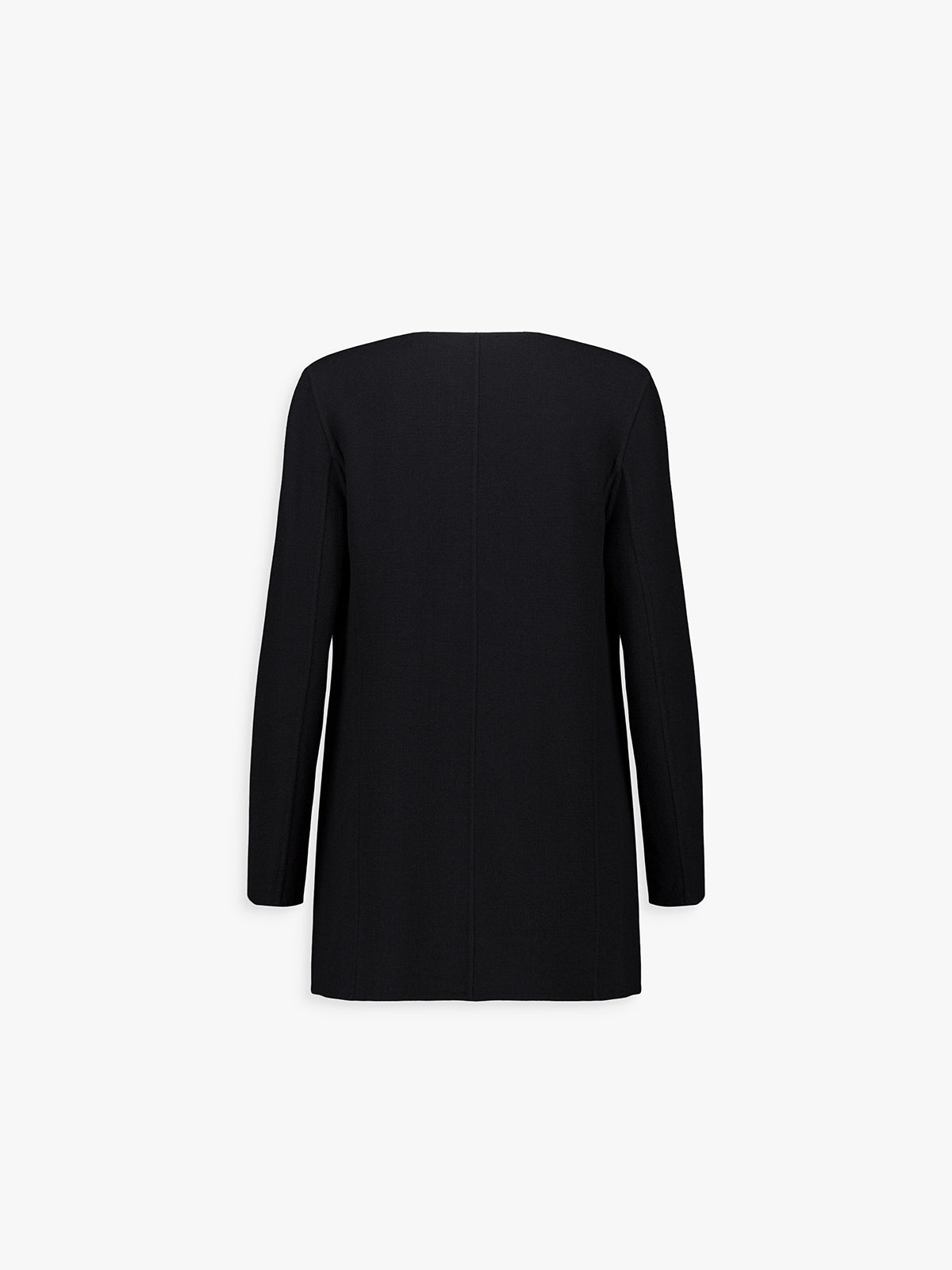 Dos de la veste noire, ligne fluide et tombé naturel.