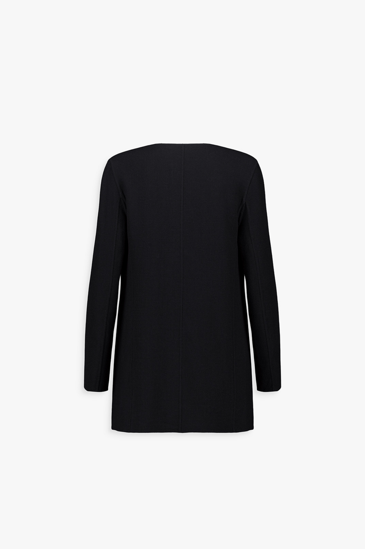 Dos de la veste noire, ligne fluide et tombé naturel.