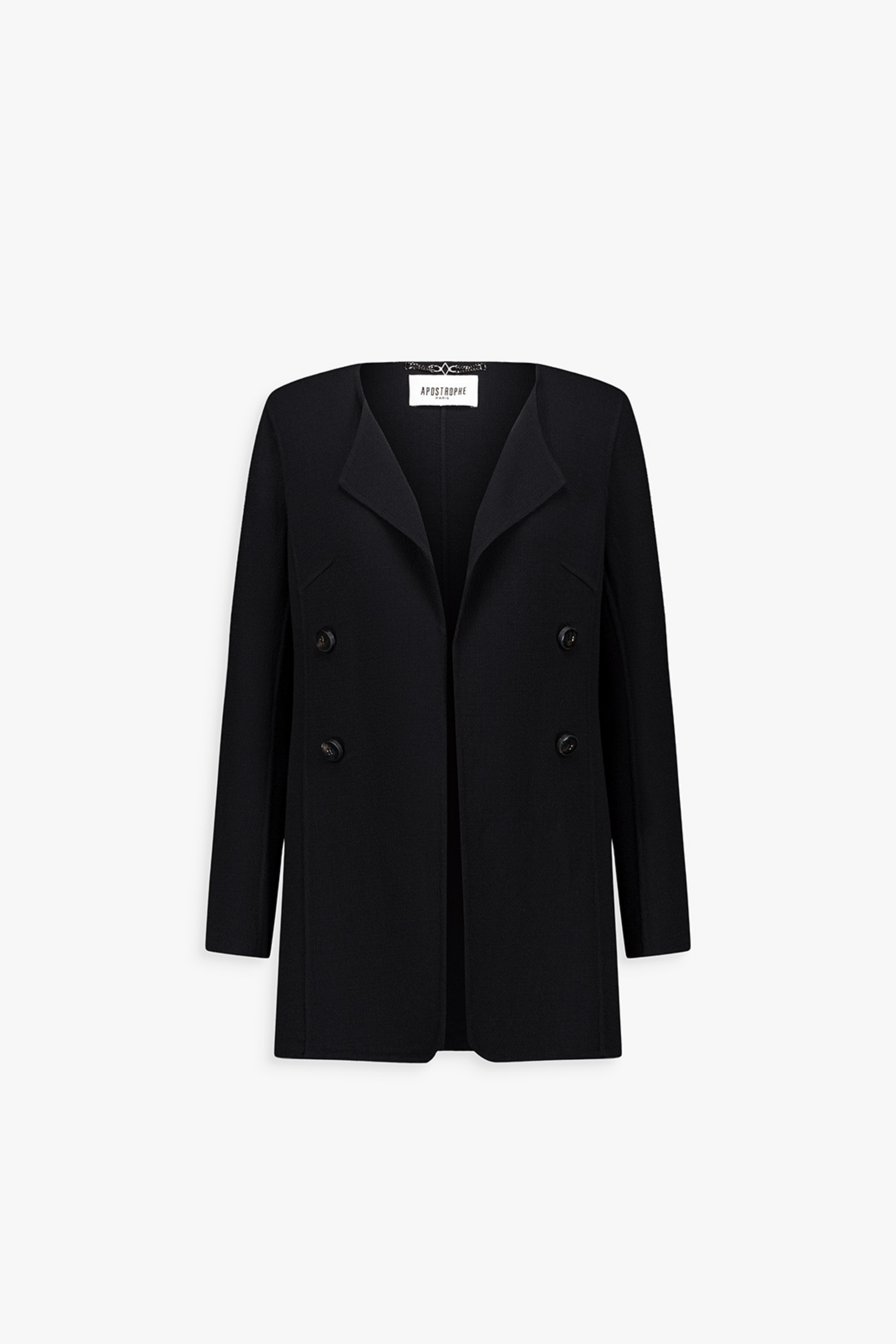 Veste longue noire en laine, col ample et coupe droite.