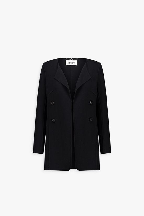 Veste longue noire en laine, col ample et coupe droite.