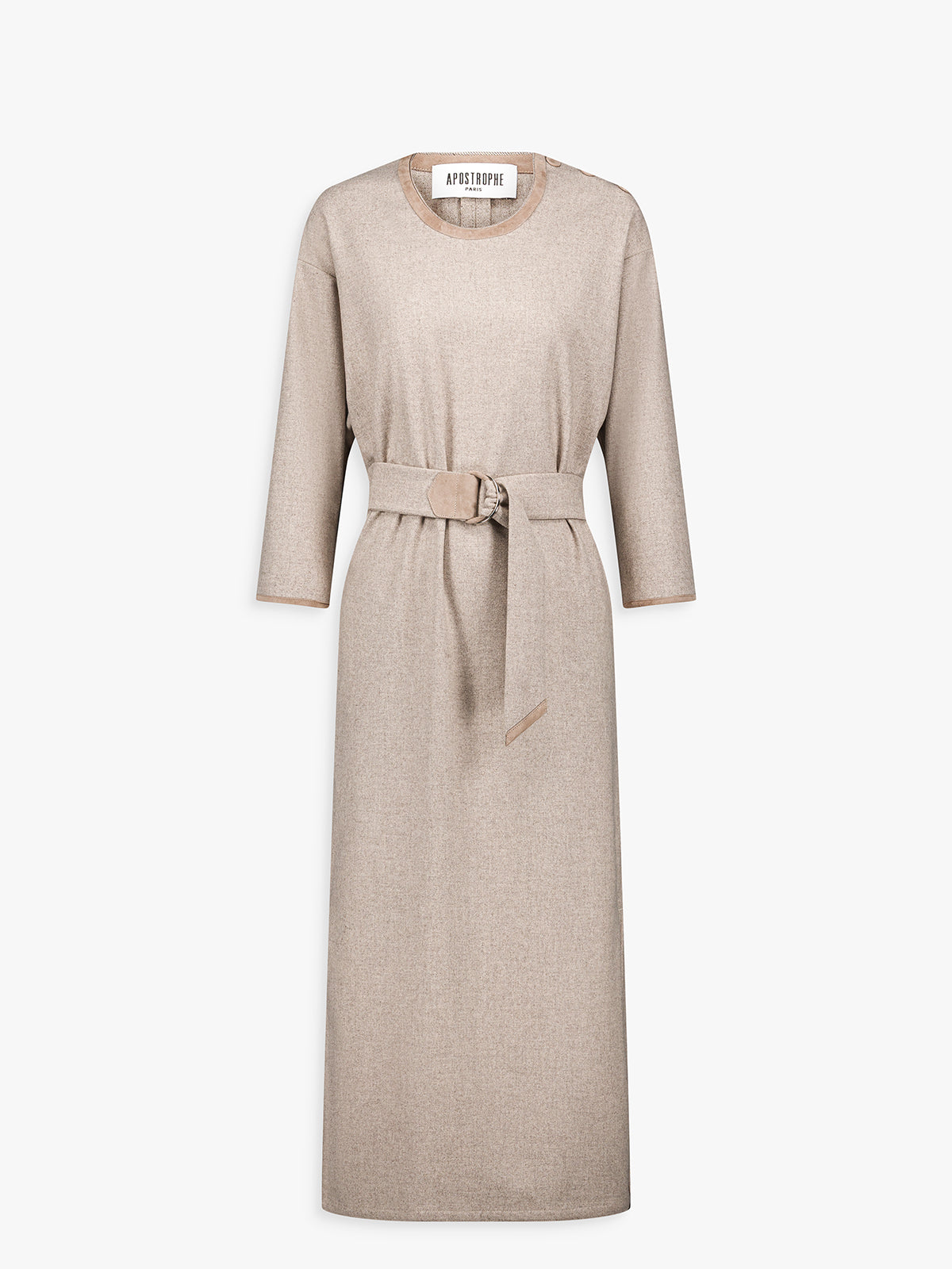 Robe taupe moyen en laine et cachemire, coupe ajustée et ceinture ton sur ton.