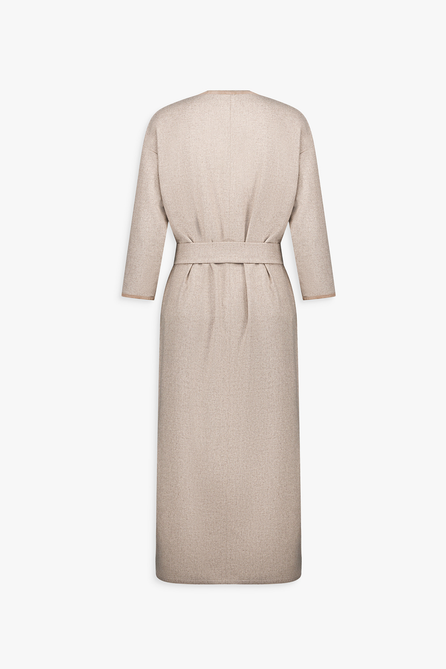 Robe taupe moyen en laine et cachemire, coupe ajustée et ceinture ton sur ton.