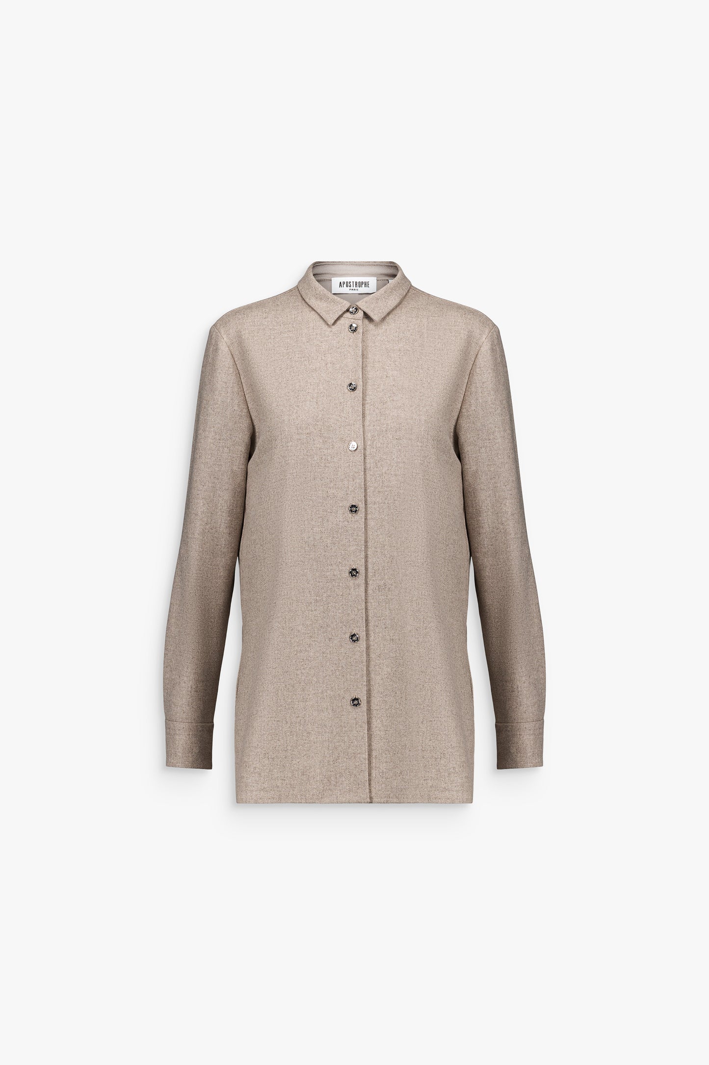 Chemise taupe moyen en laine et cachemire, coupe droite et manches longues.