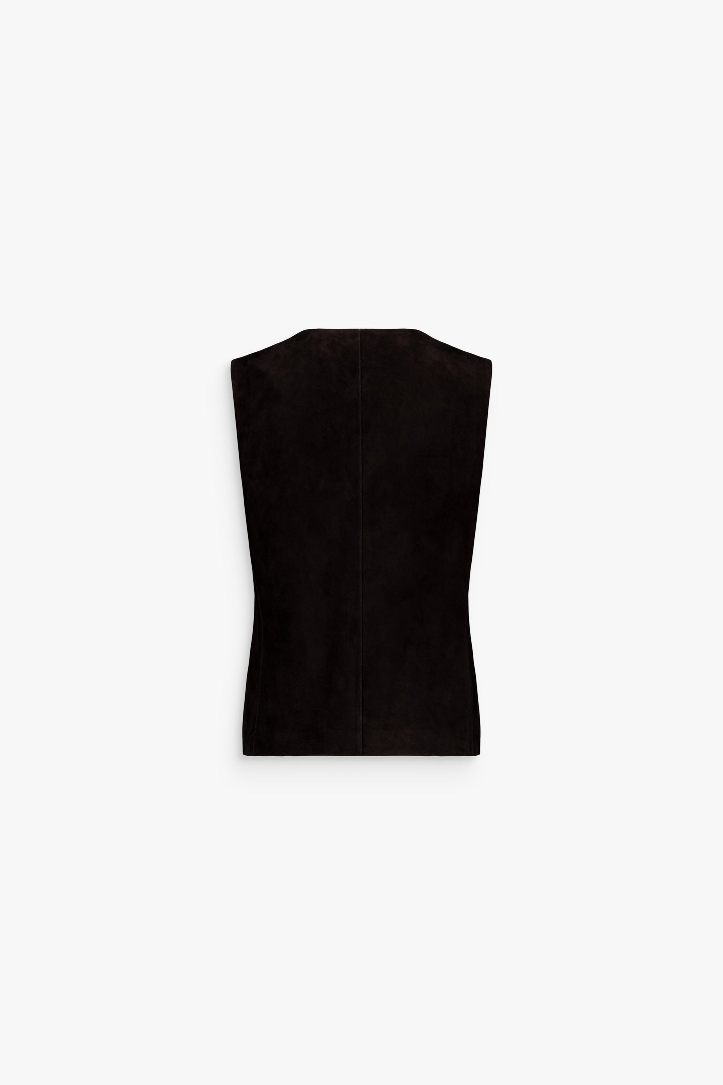 Gilet femme en daim noir, élégance sobre et surpiqûres discrètes.