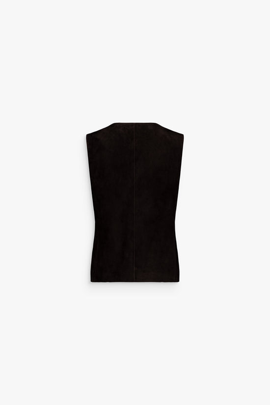 Gilet femme en daim noir, élégance sobre et surpiqûres discrètes.
